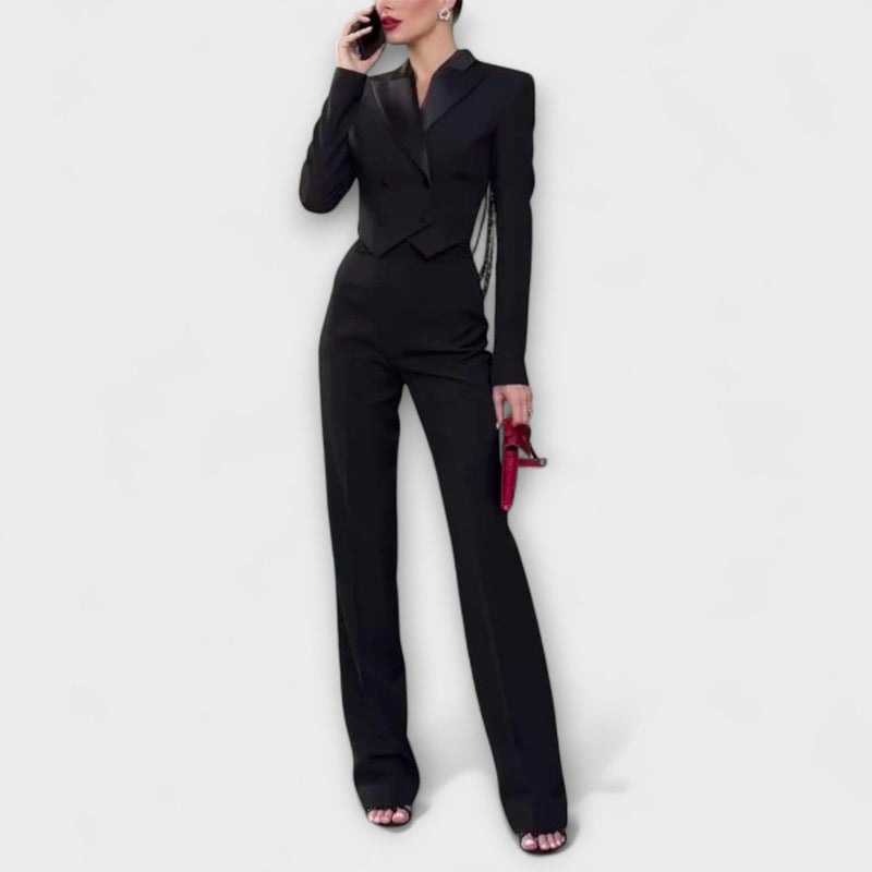 Noa  ｜ Čierny sako set s perličkami a odhaleným chrbtom