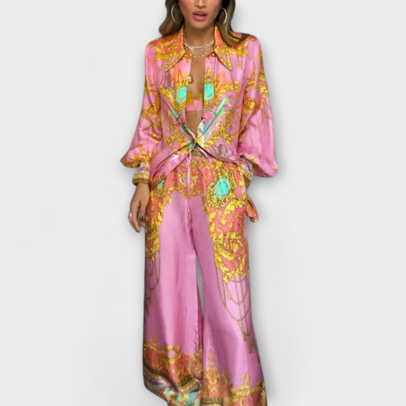 Sage  ｜ Uvoľnená košeľa s morskou pannou a elastické nohavice s vysokým pásom